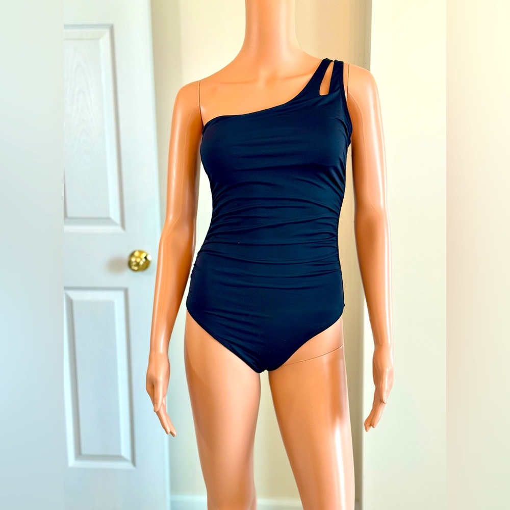 NWT Holipick Asymmetrical One Shoulder Ruched Black Swimsuit Brand New Sz Medium - Picture 2 of 9